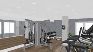 A 3d model of a towelette dispenser on a column in a fitness room