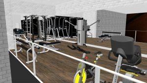 A 3D model of a fitness room that has a guard rail and mirror