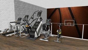 A 3D design of a mirrored wall overlooking cardio equipment and court