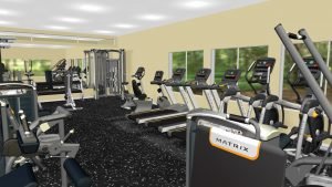 Matrix commercial fitness equipment 3D modeled in a room