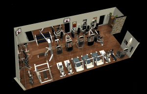 A black background for a 3D Model of a fitness equipment room