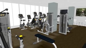 A 3D interior model of weight training and cardio equipment