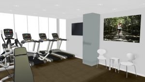 A 3d model of a seating area next to fitness equipment