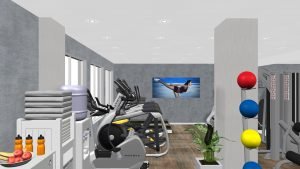 A 3D modeled room of fitness equipment, including fruit, trees and a poster