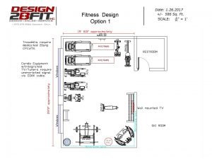 A design for a fitness room with a restroom nearby