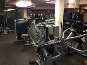 Weights and strength training machines in a fitness center