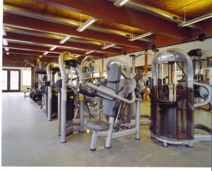 A tall roofed building with fitness equipment inside