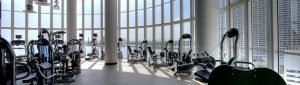 A curved windowed room with columns and fitness equipment