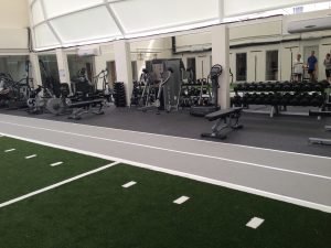 A green field and a fitness area across from each other in a mirrored room